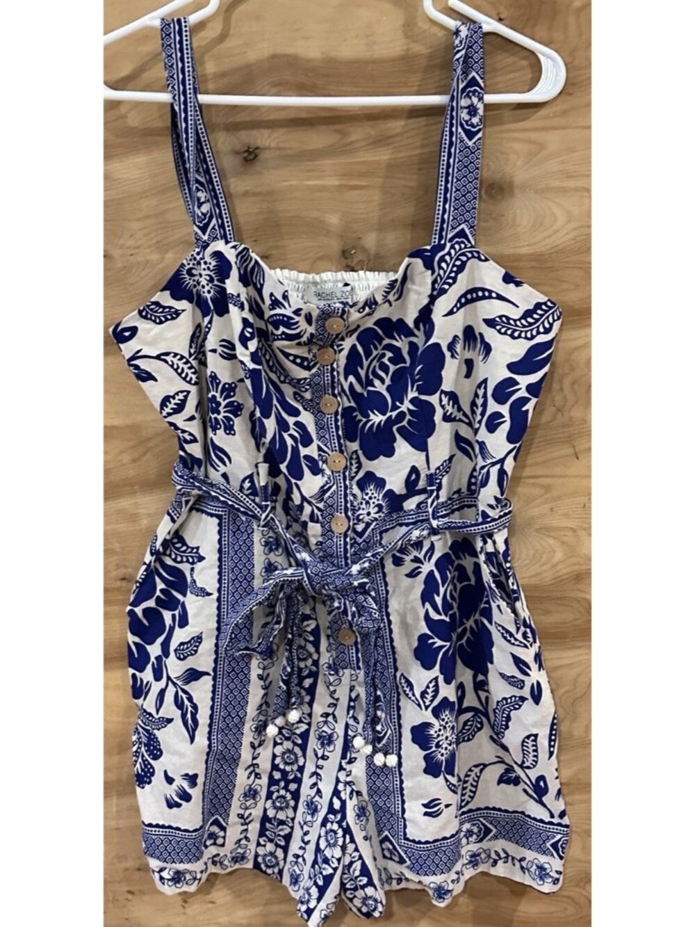 Rachel Zoe Sz 12 Blue White Floral Romper Shorts Belt Linen Blend Pockets Boho